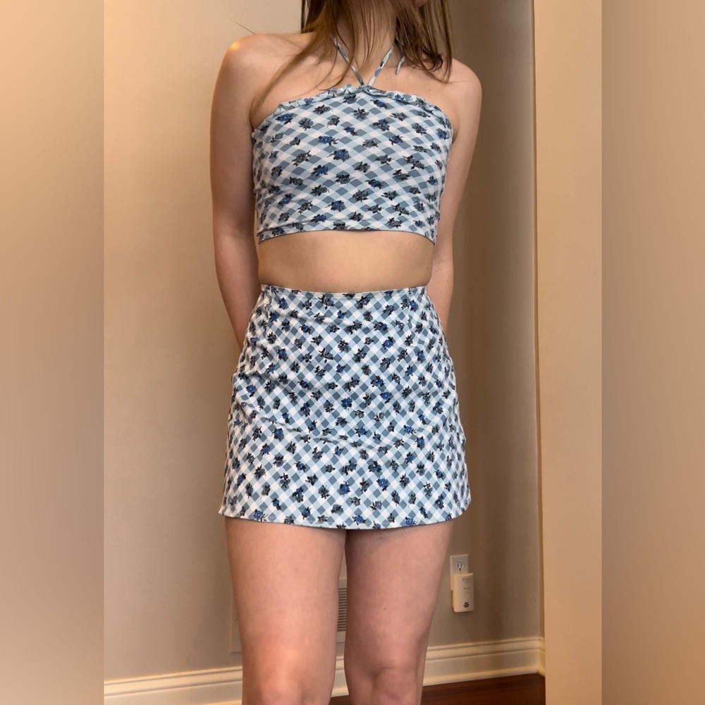 Blues/white Floral Plaid halter/skater skirt set